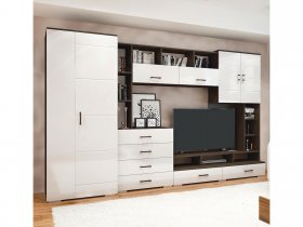 Стенка Коста МДФ (дуб венге/белый глянец) в Пушном - pushnoj.mebel-nsk.ru | фото